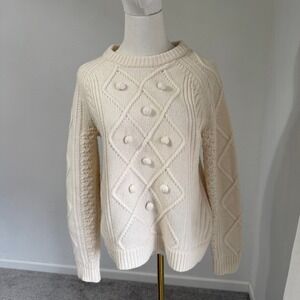 J.Crew Cream Cable Knit Bobble 100% Wool Sweater Medium Crewneck Fisherman Thick